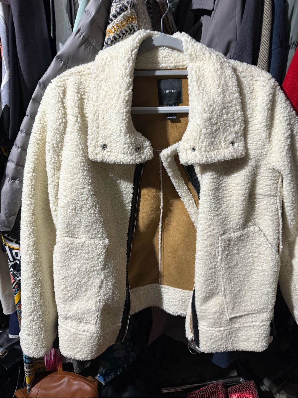 Forever 21 Cream Sherpa Puffer Jacket for Women